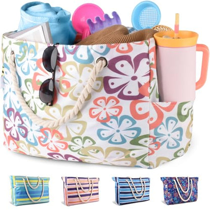 CaCTOUR Large Beach Bag Women,Beach Bags Waterproof Sandproof with Zipper Wet Pocket,Beach Tote Pool Bag for Swim Gym Travel - color: Flower