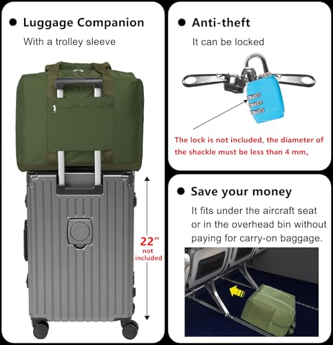 Foldable Travel Duffle Bag with Trolley Sleeve 40L Capacity, Lightweight Packable Travel Duffel Bags with the Keyhole Zipper, Weekender Overnight Nylon Carry on Bag for Men & Women, Army Green - color: Green