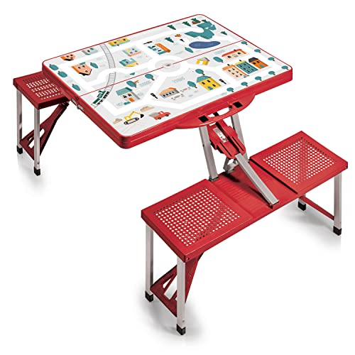 Picnic TIME Portable Folding Picnic Table with Seats for 4, Collapsible Aluminum Table with Benches & Umbrella Hole, Lightweight Foldable Table for Camping, Travel, Backyard, Tailgating | with Umbrella Hole - color: Play Town - Red