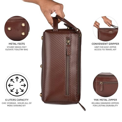 LEATHER VILLAGE Genuine Carbon Fiber Genuine Leather Travel Toiletry Bag - Large Dopp Kit, Water-Resistance Bathroom & Shaving Organizer for Men & Women - Brown - color: Carbon Brown