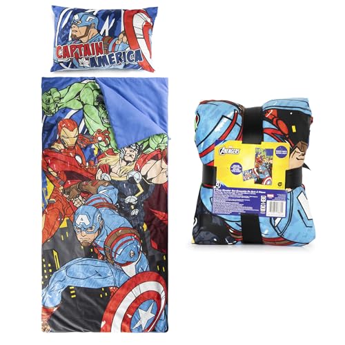 Jay Franco Kids Slumber Bag and Pillow - 54 x 27 Inch Comfy Indoor Sleeping Bag for School and Sleepovers, 2 Piece Set, Blue - Avengers - color: Blue - Avengers