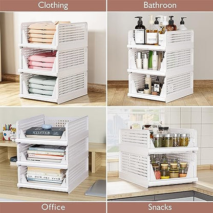 4 Pack Folding Closet Organizers Storage Box, Stackable Storage Bins, Plastic Drawer Basket Closet Storage for Wardrobe Cupboard Kitchen Bathroom Office White-4L - size: 4 PACK-L
