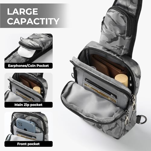 BROADREAM Sling Bag, Crossbody Bag with Anti-Theft Lock Zipper, RFID Blocking & Water Resistant for Travel Work Sport - color: Camouflage Gray