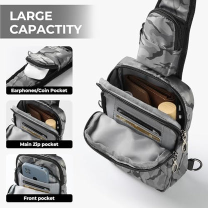 BROADREAM Sling Bag, Crossbody Bag with Anti-Theft Lock Zipper, RFID Blocking & Water Resistant for Travel Work Sport - color: Camouflage Gray