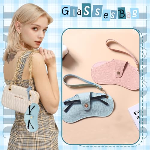 2 Pcs Soft Leather Sunglasses Bags Travel Glasses Storage Case Portable Eyeglasses Pouch with Wrist Strap - color: Pink Blue