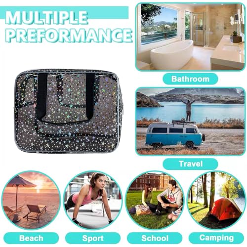 Black Holographic Star Cosmetic Bag for Women 11.8x5.1x8.2 Inches Portable Travel Toiletry Bag with Handles,Durable PVC Material,Zipper Design-Ideal Large Clear Makeup Organizer - color: Gray
