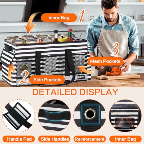 Extra Large Utility Tote Bag with Reflective Strip, Standing Reusable Grocery Bags with Hard Bottom, Collapsible Utility Tote with Handles for Shopping, Beach, Picnics, Car, Striped Black - color: Striped Black