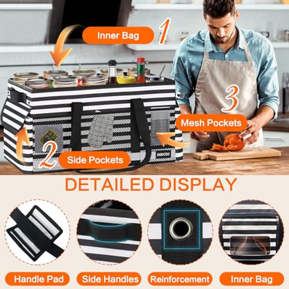Extra Large Utility Tote Bag with Reflective Strip, Standing Reusable Grocery Bags with Hard Bottom, Collapsible Utility Tote with Handles for Shopping, Beach, Picnics, Car, Striped Black - color: Striped Black