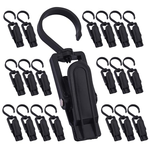 20 Pcs Super Strong Plastic Swivel Hanging Hooks, Curtain Clips, Clothes Pins, Beach Towel Clips, Home Swivel Laundry Clips for Hats, Pants, Towels, Socks, Pants (Black+20) - color: Black+20