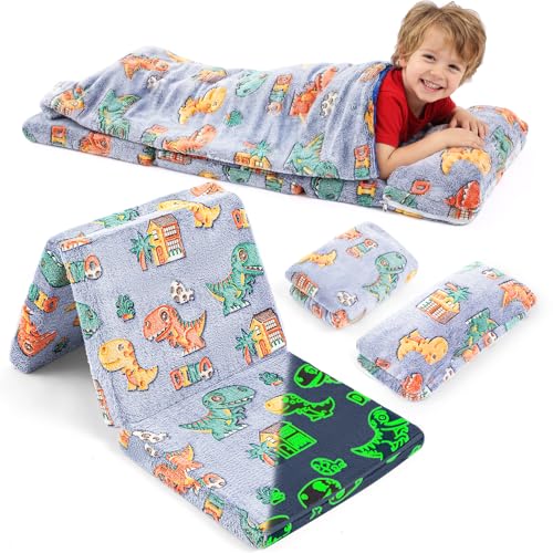 Preschool Nap Mat with Pillow and Blanket, 21" x 50" Glow Sleeping Bag Toddler Nap Mat for Daycare Kids, 2" Thick All in one Foldable Floor Mattress for Girl Boys - style: Dinosaur Pattern