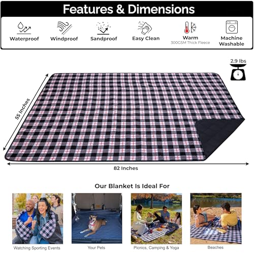 BRAWNTIDE Large Waterproof Outdoor Blanket, Extra Thick Fleece, Warm, Windproof & Sandproof, Quilted Stadium Blanket for Sports Events, Beach, Camping, Picnics, Dogs & Car, 82" x 55 - color: Plaid Black