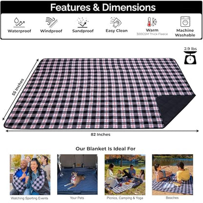 BRAWNTIDE Large Waterproof Outdoor Blanket, Extra Thick Fleece, Warm, Windproof & Sandproof, Quilted Stadium Blanket for Sports Events, Beach, Camping, Picnics, Dogs & Car, 82" x 55 - color: Plaid Black