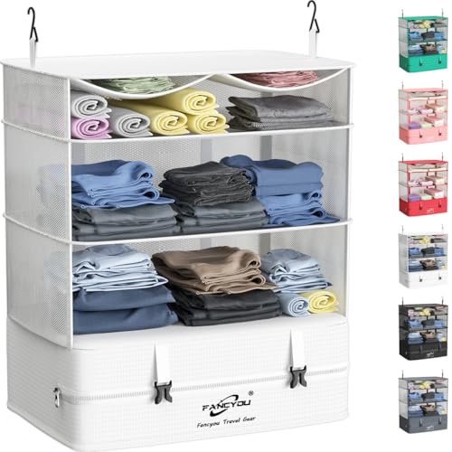 Compressible Packing Cubes Portable Hanging Closet Shelves 17"x12"x24" Extendable Travel Organizer Nylon Packing Bags for Suitcase - color: White