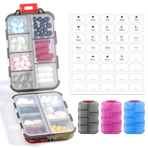3 Pack 14 GRIDS Travel Pill Organizer Box with Labels - Travel Medicine Case Kit - Pocket Daily Pharmacy Container - Travel Medication Holder Dispenser for Fish Oil Vitamin Supplement Storage - Clear - color: Clear-blue+pink+grey, size: with White Labels