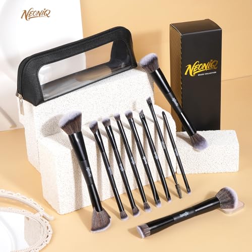 10 PCS Travel Makeup Brush Set With Bag, Makeup Brushes, Double-End Multi-functional Brushes for Foundation Powder Blush Eyeliner Eyeshadows, Professional Face Brush Set（Black） - color: 10Pcs-Black