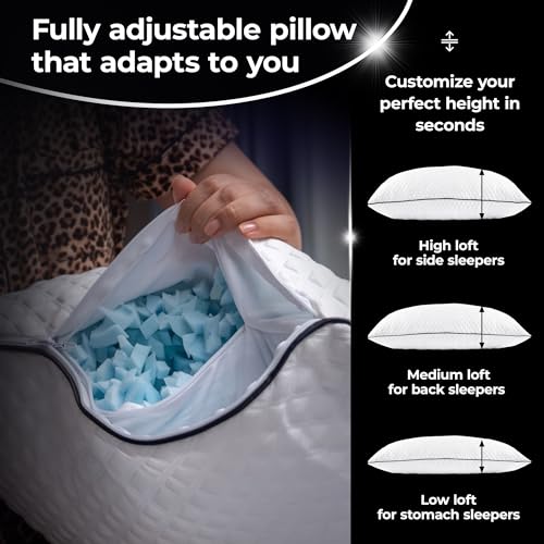 Silvery Silver Infused Bed Pillow - Shredded Memory Foam Fill with Adjustable Loft - Hypoallergenic Self-Cleaning Technology that Stays Fresh 3X Longer - Perfect for Side, Back & Stomach Sleepers - size: Queen