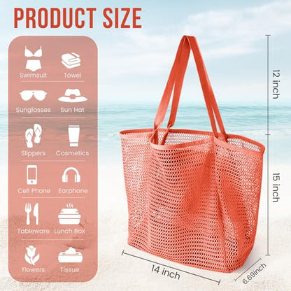 HOHOM Beach Bags for Women, Summer Travel Mesh Tote Bag with Large Inner Pocket, Sandproof Woven Shoulder Handbag - color: Spanish Red