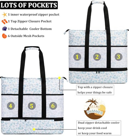 JIANYA Beach Bag Women Waterproof Sandproof Beach Tote Bags with Cooler Top Zipper Large Totes for Pool Travel Daily - color: Blue Flower