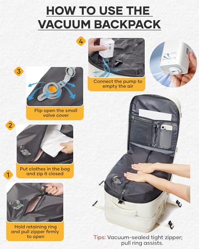 coofay Vacuum Backpack Travel with Pump Travel Backpack with Vacuum System Compression Backpacks for Traveling Easyvacpack Vacpack Backpacks Carry on Luggage - color: Beige, size: Extended-with Pump