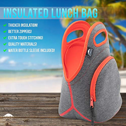 Nordic By Nature Insulated Neoprene Lunch Bag, Soft & Foldable Washable & Reusable Extra-Pocket (M) Dark Grey/Red - color: Darkgray/Red, size: Medium