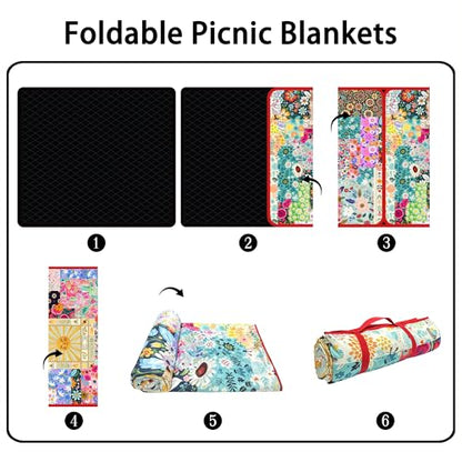 Supfitness Extra Large Picnic Blankets Waterproof Foldable (80 "x 80") Beach Blanket Waterproof Sandproof,3-Layer Thicking Mat Outdoor Packable Camping Blanket(Bohemian) - color: Flower, size: 80x80in