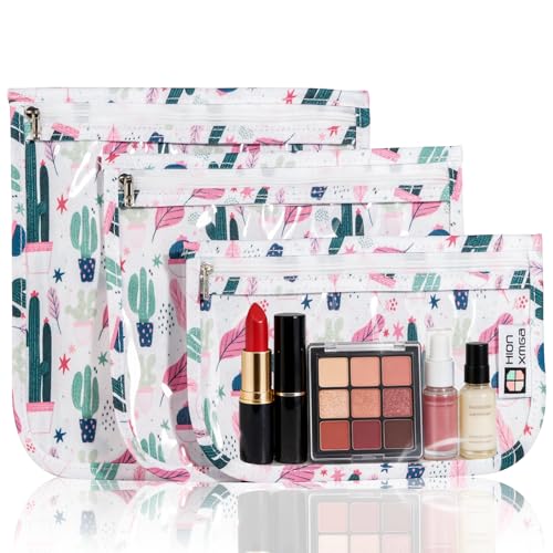 HIONXMGA TSA Approved Toiletry Bag, Set of 3 Clear Travel Toiletry Bag Quart Size Zipper Travel Pouch, Waterproof Makeup Cosmetic Bag for Women Men Kids Toiletries Carry on, Cacti B - color: Cacti B, Mixed Sizes