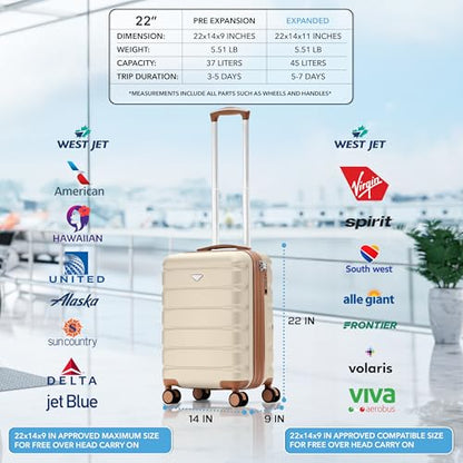Flight Knight 22x14x9 Expandable Carry On Suitcase Hardside TSA Lock USB C Port Lightweight Luggage Silent Double Spinner Wheels Maximum Overhead Carry-On Bag American United Approved Cream/Tan - color: Cream/Tan, size: 22x14x9"