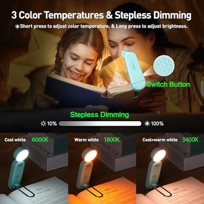 VAVOFO USB Rechargeable Book Light, Blue Light Blocking, Amber Light Clip On Bookmark Shaped Reading Light, Eye Care 6 LEDs Book Light for Bookworms Reading in Bed with 9 Lighting Modes (Powder Green) - color: Powder Green