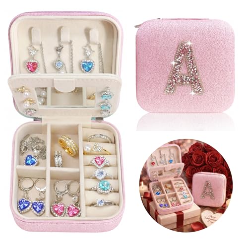 Mothers Day Gift Travel Jewelry Case for Women, Large Jewelry Organizer with Straps, Secure Storage, Better Organization, Gift for Bridesmaid, Daughter, Granddaughter - color: Pink A