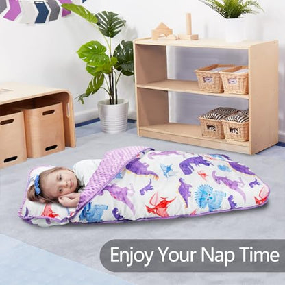 Primlect Thickened Toddler Nap Mat with Removable Pillow and Minky Blanket, Extra Large 55''x35'' Sleeping Bag, Washable, Roll up, Perfect for Daycare, Preschool, Kindergarten, Boys and Girls Dinosaur - color: purple
