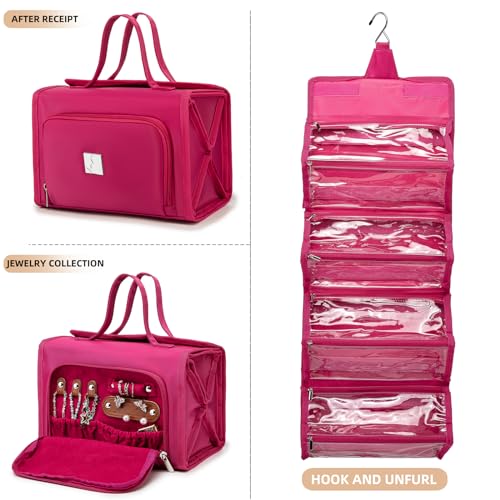 ROYALFAIR Roll Up Makeup Bag, Waterproof Toiletry Bag for Women, Hanging Travel Organizer bags with Jewelry Organizer Compartment, Extra Large 4 Clear TSA Approved Pouches Cosmetic Makeup (pink) - color: Pink