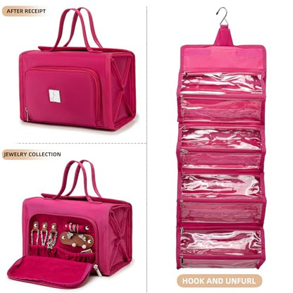 ROYALFAIR Roll Up Makeup Bag, Waterproof Toiletry Bag for Women, Hanging Travel Organizer bags with Jewelry Organizer Compartment, Extra Large 4 Clear TSA Approved Pouches Cosmetic Makeup (pink) - color: Pink
