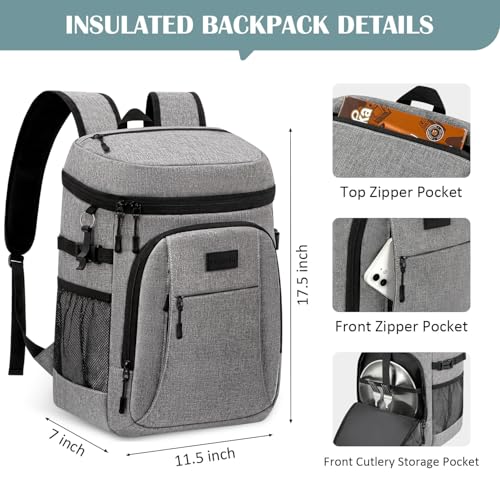 Tuwubi Cooler Backpack 35/42 Cans, Backpack Coolers Insulated Leak Proof for Men Women, Waterproof Soft Sided Lunch Camping Beach Travel Ice Chest Backpack Cooler Bag - color: Grey, size: Large
