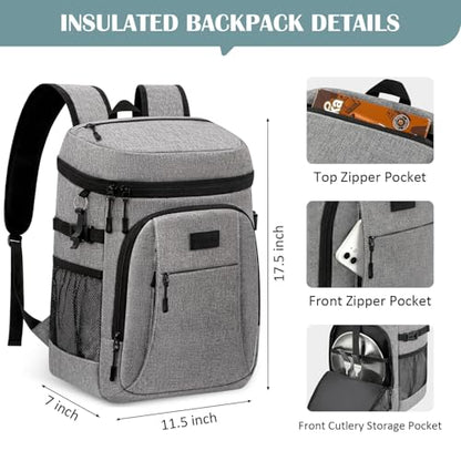 Tuwubi Cooler Backpack 35/42 Cans, Backpack Coolers Insulated Leak Proof for Men Women, Waterproof Soft Sided Lunch Camping Beach Travel Ice Chest Backpack Cooler Bag - color: Grey, size: Large