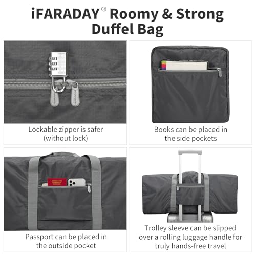 iFARADAY Foldable Duffle Bag for Travel - 75L Large Spare Travel Duffel Bag Lightweight with Trolley Sleeve - Grey - color: Grey