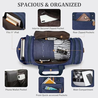 Gonex Canvas Duffle Bag for Travel 50L Expandable Duffel Weekend Overnight Bag men (Blue) - color: Blue, size: Large-50L (Without Shoe Compartment)
