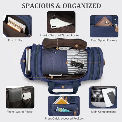 Gonex Canvas Duffle Bag for Travel 60L Expandable Duffel Weekend Overnight Bag men (Blue) - color: Blue, size: X-Large-60L (Without Shoe Compartment)