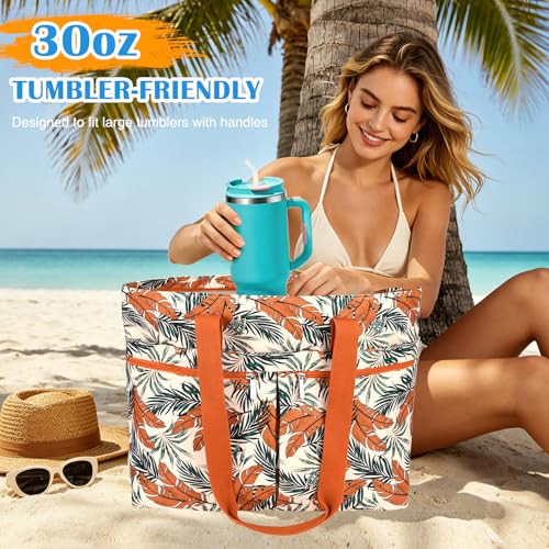 HUANLANG Large Beach Bags for Women Pool Bag with Zipper, Waterproof Sandproof Beach Tote Travel Bag with Wet Pocket - color: Orange Floral