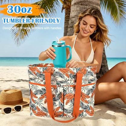 HUANLANG Large Beach Bags for Women Pool Bag with Zipper, Waterproof Sandproof Beach Tote Travel Bag with Wet Pocket - color: Orange Floral
