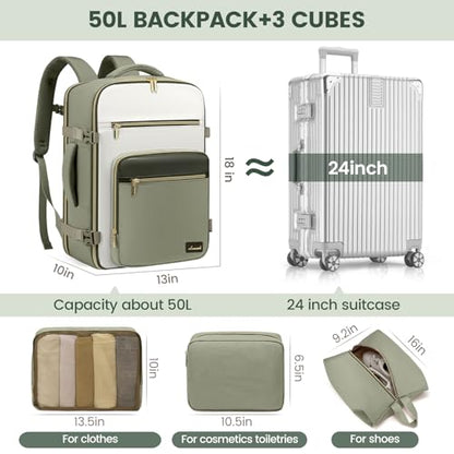 LOVEVOOK Travel Backpack For Women,50L Carry On Backpack Flight Approved,TSA Personal Item Travel Bag Fits 18 Inch Laptop,Business Weekender Overnight Daypack with Toiletry Bag and Cubes - color: Grey and White and Black, size: 18 Inch-50L-4Pcs