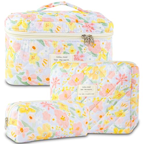 GISMTR 3Pcs Makeup Bag Cotton Quilted Travel Cosmetic Bag Cute Floral Makeup Pouch Large Toiletry Bag for Women Girls - color: Oil painting flowers