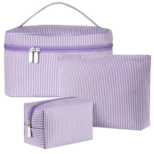 Huhumy 3 Pieces Makeup Bag Set for Women Cute Seersucker Cosmetic Pouch Travel Toiletry Bag Preppy Small Makeup Purse Pouch Aesthetic Skincare Brushes Storage Organizer for Women(Purple) - color: Purple