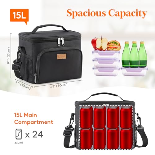 Lifewit Reusable Insulated Lunch Bag, Portable Cooler Freezable Soft Lunchbox Leakproof with Adjustable Shoulder Strap for Men Women Adult for Work Picnic or Travel, 15L 24 Can, Black - color: Black, size: Large(15L)