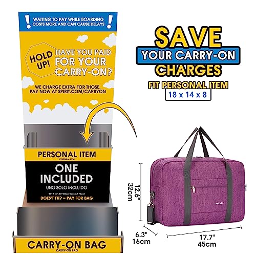 For Spirit Airlines Personal Item Bag Foldable Travel Duffel Bag Tote Carry on Luggage Duffle Overnight for Women and Men - color: 3112-Thick Series Dark Purple (with Shoulder Strap)