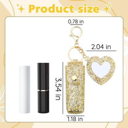 Sisadodo Glitter Lip Oil Holder Key Chains for Woman Lipstick Case with Mirror Lip Balm Keychain for Lipstick Case Keychain - color: Gold-heart