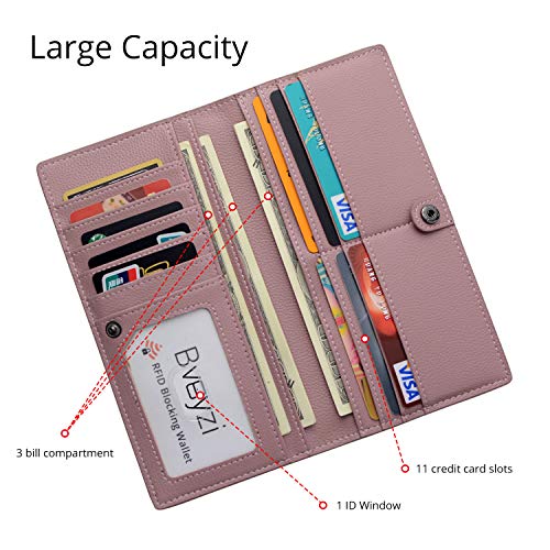Bveyzi Ultra Slim Thin Leather RFID Blocking Credit Card Holder Bifold Clutch Wallets for Women - color: Dark Pink