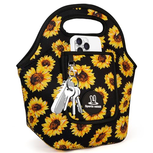 Sports rabbit Small Neoprene Lunch Bags for Women & Adults - Insulated Reusable Lunch Tote, Soft Foldable Lunch Box, Water-Resistant & Machine Washable Cooler Bag for Work, Travel, Picnic (sunflower) - color: Sunflower