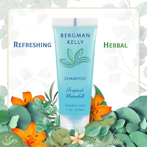 Bergman Kelly - Hotel Toiletries Bundle - Tropical Waterfall, 1 oz each, 100 Pcs - 4-Piece Set: 25 Rectangular Bar Soap, 25 Shampoo, 25 Conditioner & 25 Body Lotion - Bulk Mini Guest Amenities Supply - size: 1 Ounce (Pack of 25)