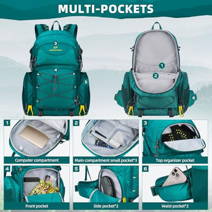 Maelstrom Hiking Backpack, 40L Waterproof Camping Daypack for Men and Women, Lightweight Travel Pack with Rain Cover (Green) - color: Green