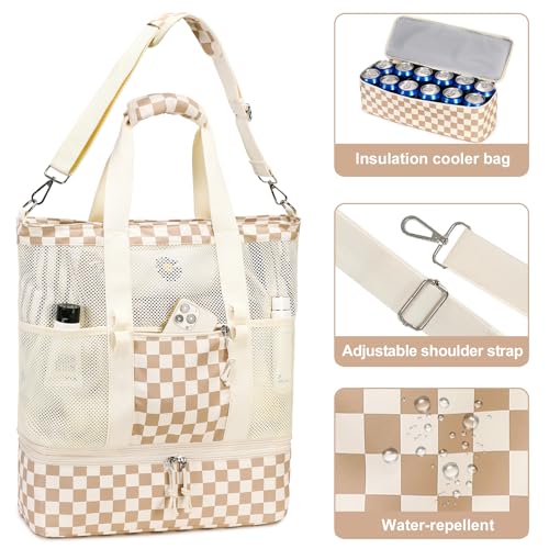 Bluboon Mesh Beach Tote Bag with Cooler Compartment Insulated Detachable Picnic Bag with Zipper and Pocket Pool Bag for Women - color: A-brown White Grid